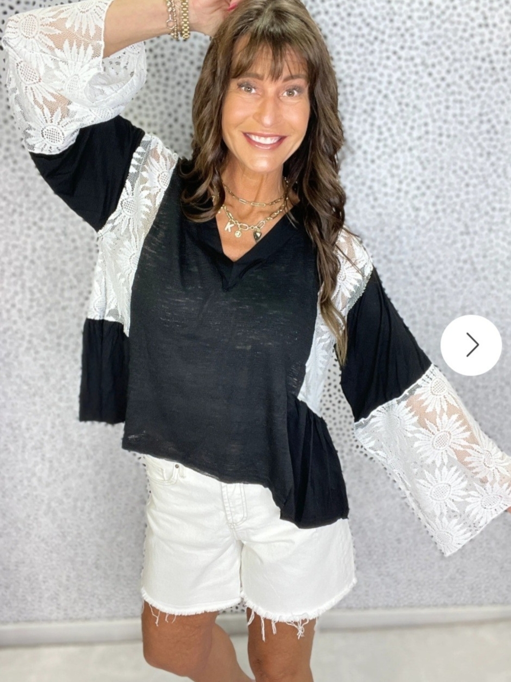 POL Black Top with White Lace Bell Sleeves Sz S